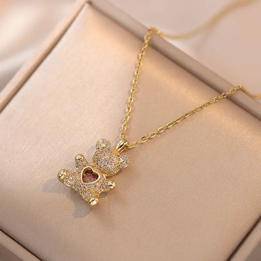 Cute Bear Necklace Heart Hug Bear Pink Micro Paved Zircon Simple Adjustable Clavicle Chain