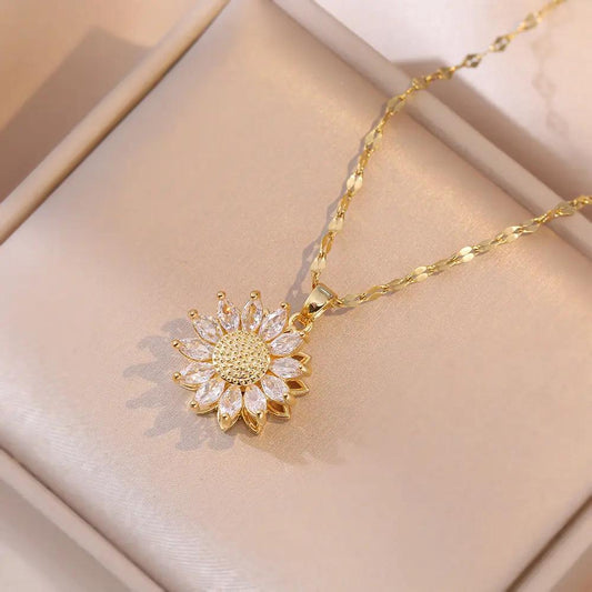 Sunflower Necklaces for Women Trendy Style Sunflower Rotating Zircon Sunflower Design Rotatable Fashion Necklace