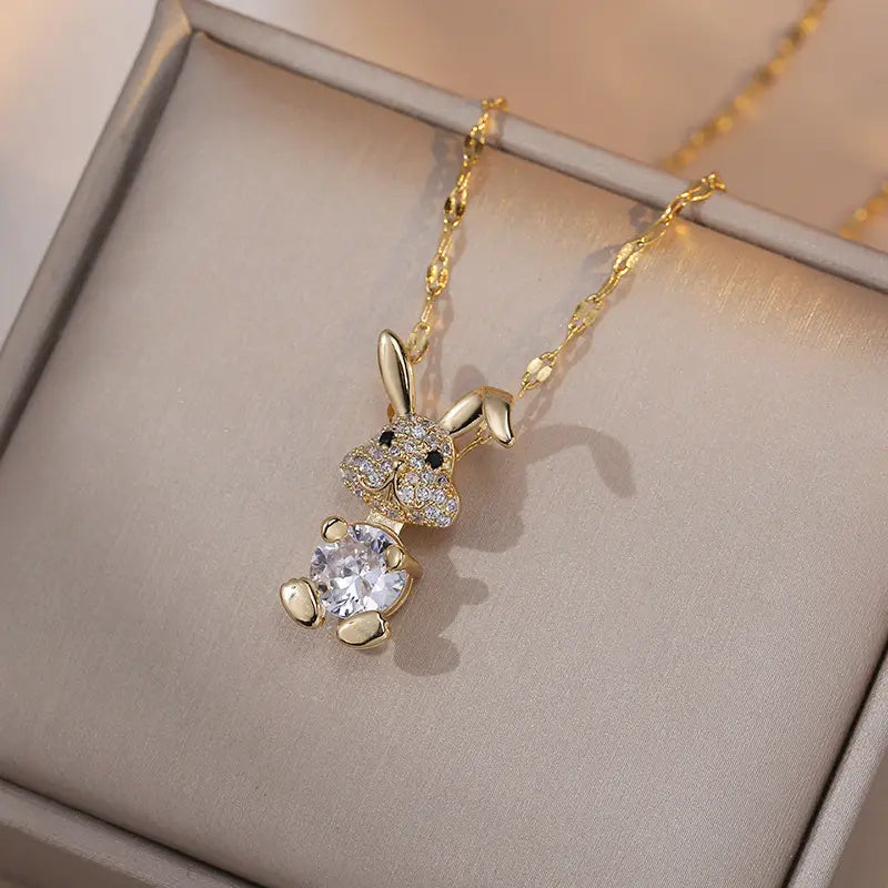 Cute Bunny Necklaces for Women, Sweet Rabbit Zircon Light Luxury New Design Sparkling Pendant, Elegant Titanium Steel Necklace