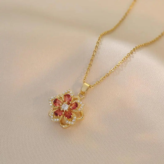Rotating Five petal Flower Pendant Necklace, Rotating Crystal Flower Necklace,18K GP Flexible and Rotatable