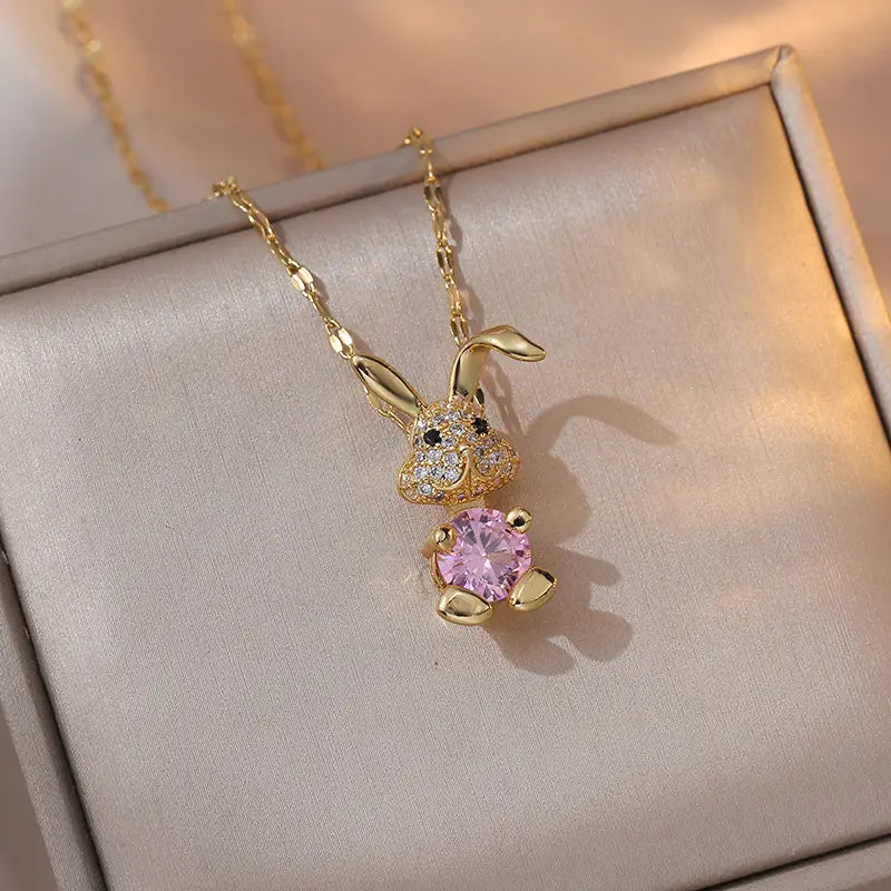 Cute Bunny Necklaces for Women, Sweet Rabbit Zircon Light Luxury New Design Sparkling Pendant, Elegant Titanium Steel Necklace