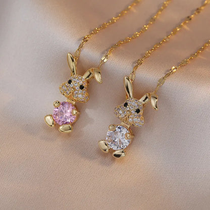 Cute Bunny Necklaces for Women, Sweet Rabbit Zircon Light Luxury New Design Sparkling Pendant, Elegant Titanium Steel Necklace