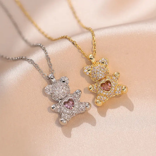 Cute Bear Necklace Heart Hug Bear Pink Micro Paved Zircon Simple Adjustable Clavicle Chain
