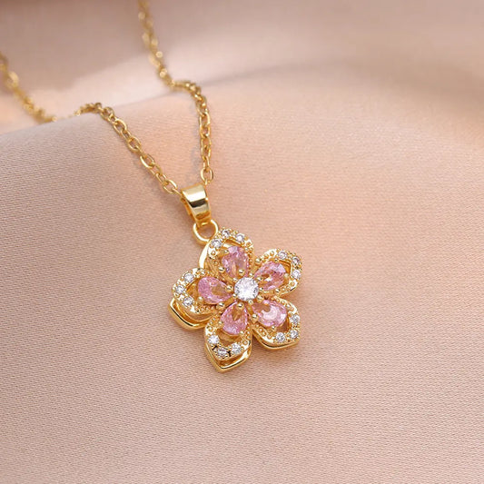 Rotating Five petal Flower Pendant Necklace, Rotating Crystal Flower Necklace,18K GP Flexible and Rotatable