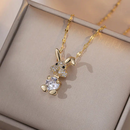 Cute Bunny Necklaces for Women, Sweet Rabbit Zircon Light Luxury New Design Sparkling Pendant, Elegant Titanium Steel Necklace
