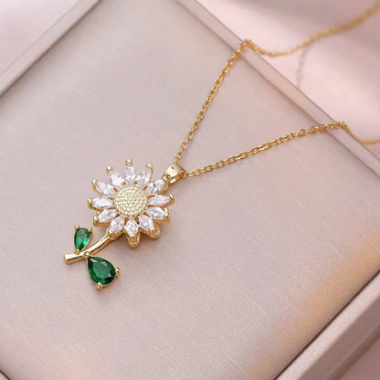 Flower Necklace titanium steel Womens rotatable versatile temperament collarbone chain jewelry