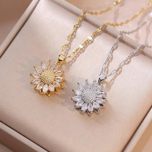 Sunflower Necklaces for Women Trendy Style Sunflower Rotating Zircon Sunflower Design Rotatable Fashion Necklace