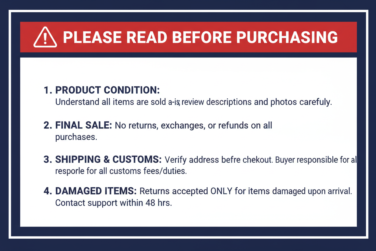 ❗️ PLEASE READ BEFORE PURCHASING ❗️
By completing this purchase, you agree that you have:

Understood and accepted the product's condition as described (e.g., "no box").

Acknowledged that this is a FINAL SALE and no returns/refunds will be accepted for reasons of buyer's remorse, change of mind, or incompatibility.

Verified your shipping address and are responsible for any associated customs fees.

We only accept returns for items that are Damaged During Shipping or are not as described. Claims must be fi